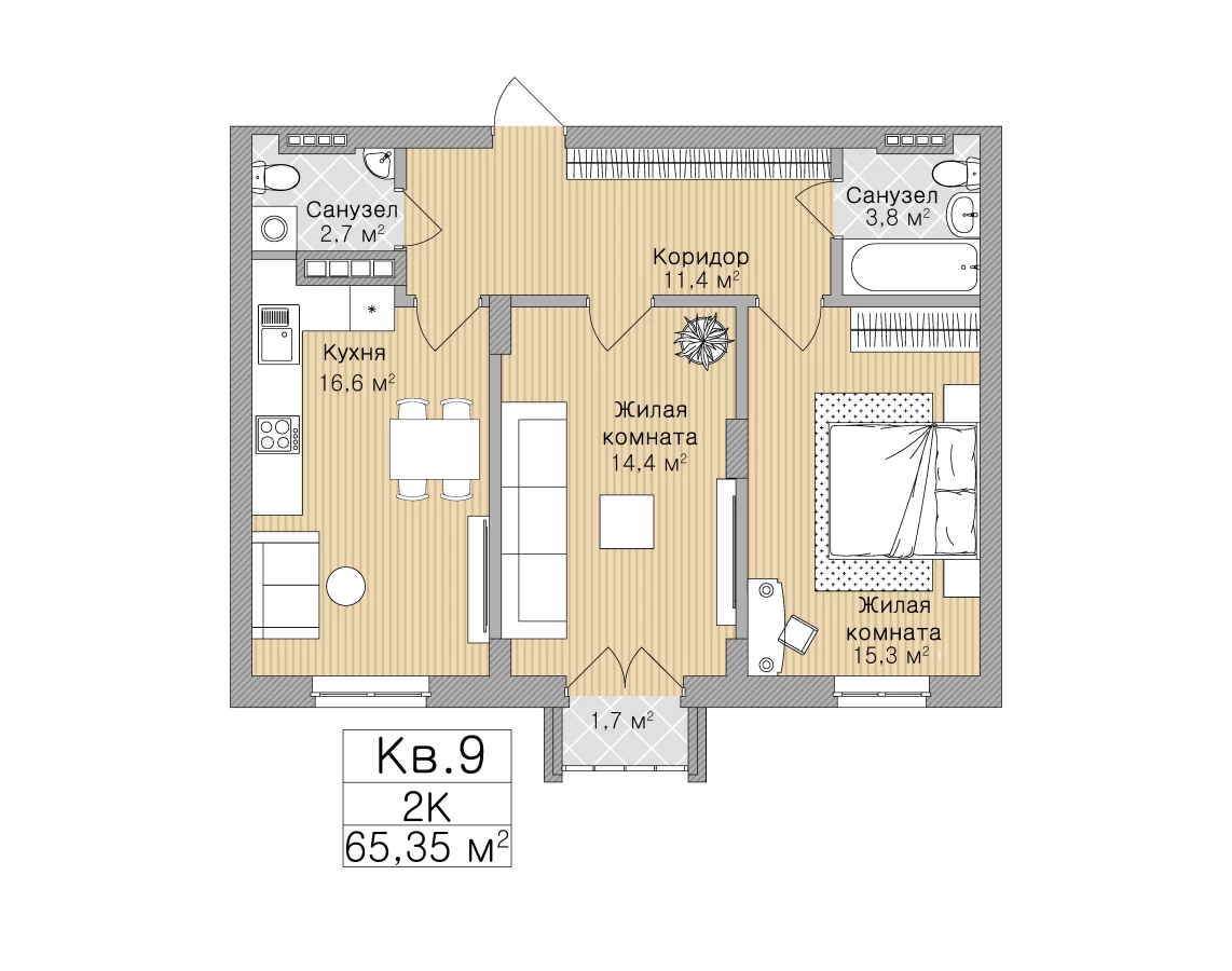 2-х комнатная квартира площадью 65.35м2