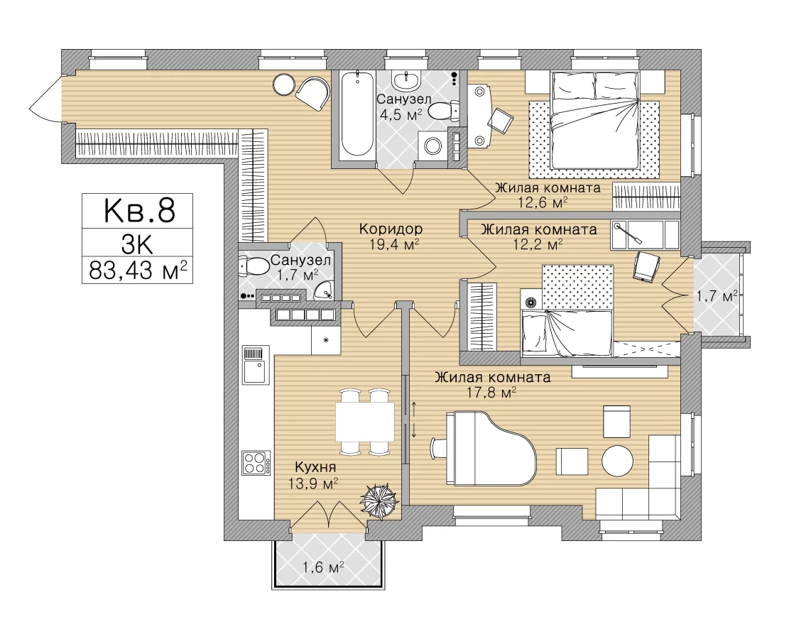 3-х комнатная квартира площадью 83.43м2