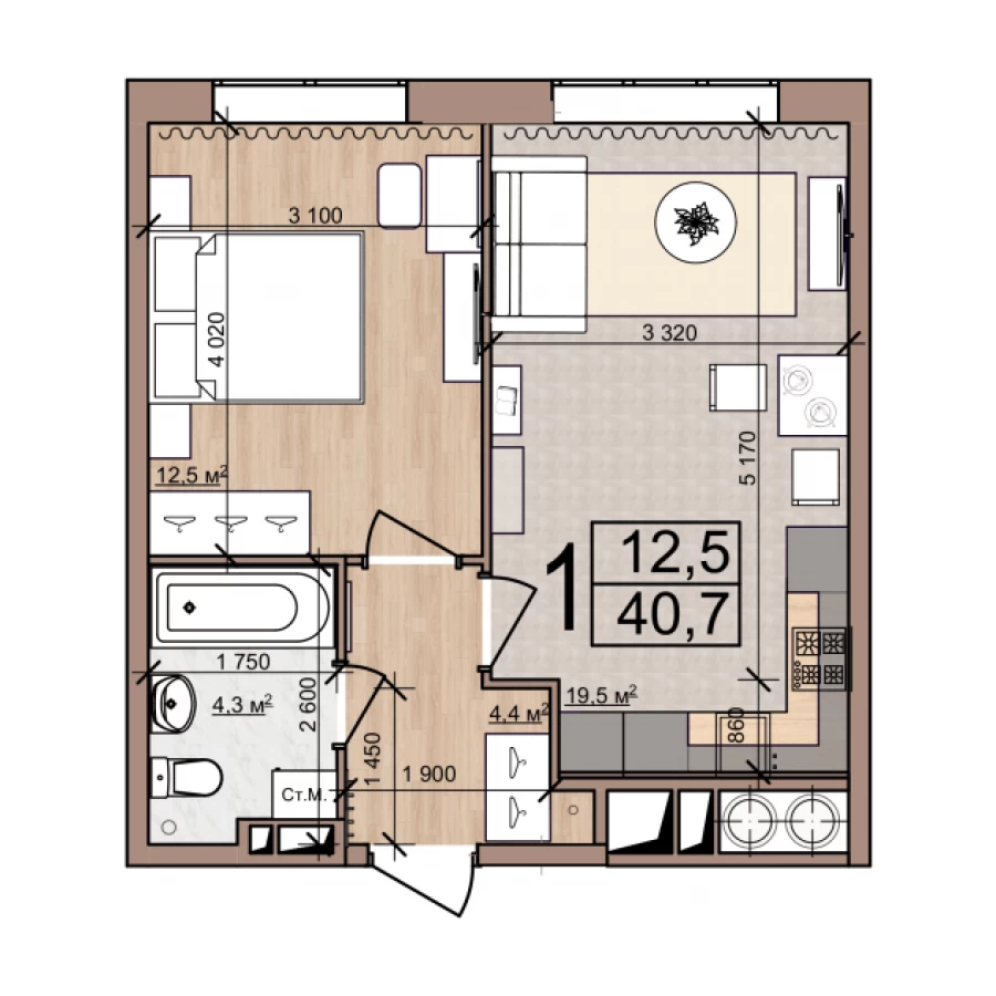 Однокомнатная квартира от собственника площадью 40.7м2