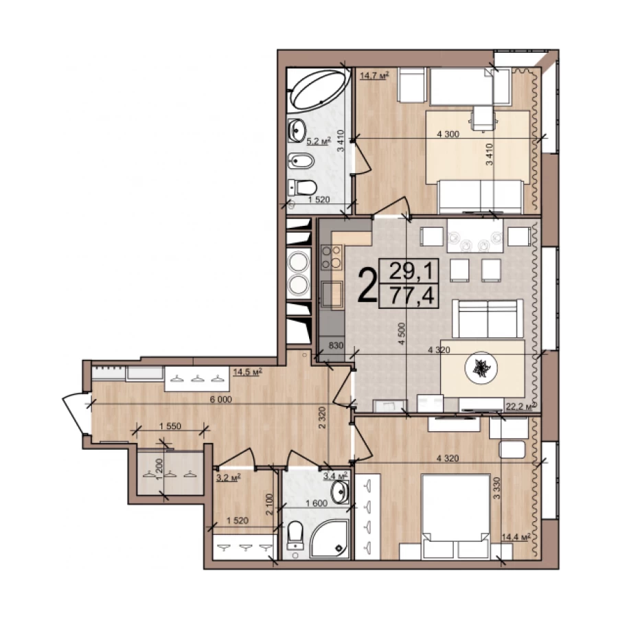 2-х комнатная квартира от собственника площадью 77.6м2