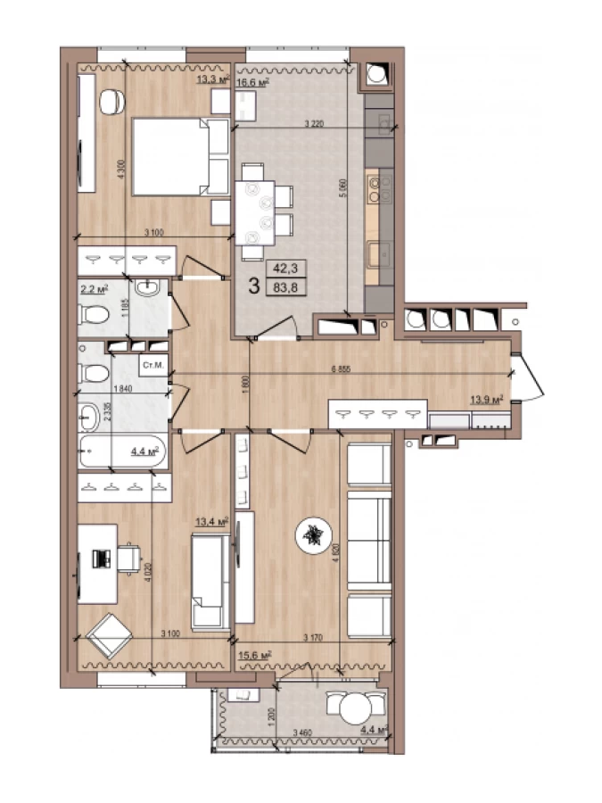 Трехкомнатная квартира комфотр класса в новостройке Рязани от застройщиков, в тихом месте, Skyline-1, 86,4 кв. м. 16 этаж.