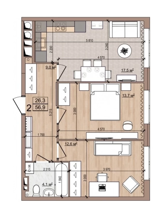 Квартира 2-комнатная 56.9 м2, без отделки