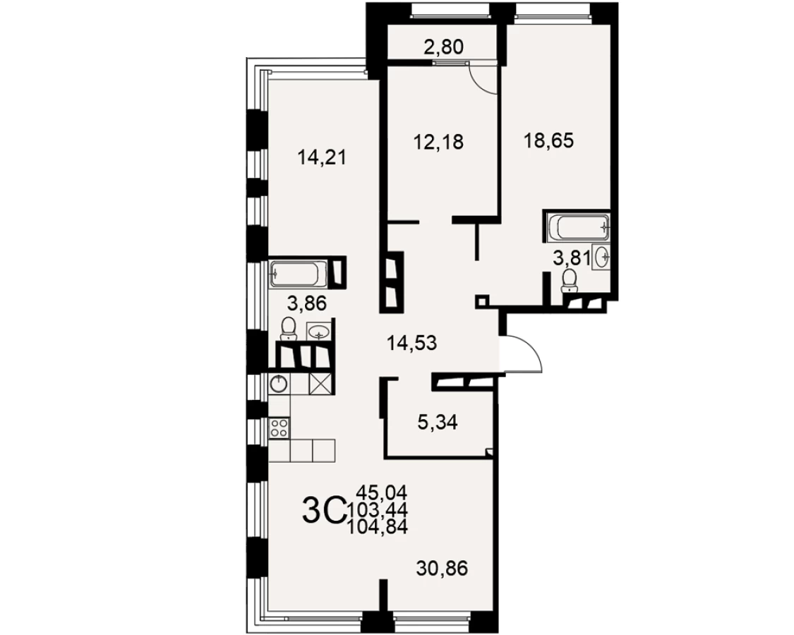 3-х комнатная квартира площадью 104.84м2