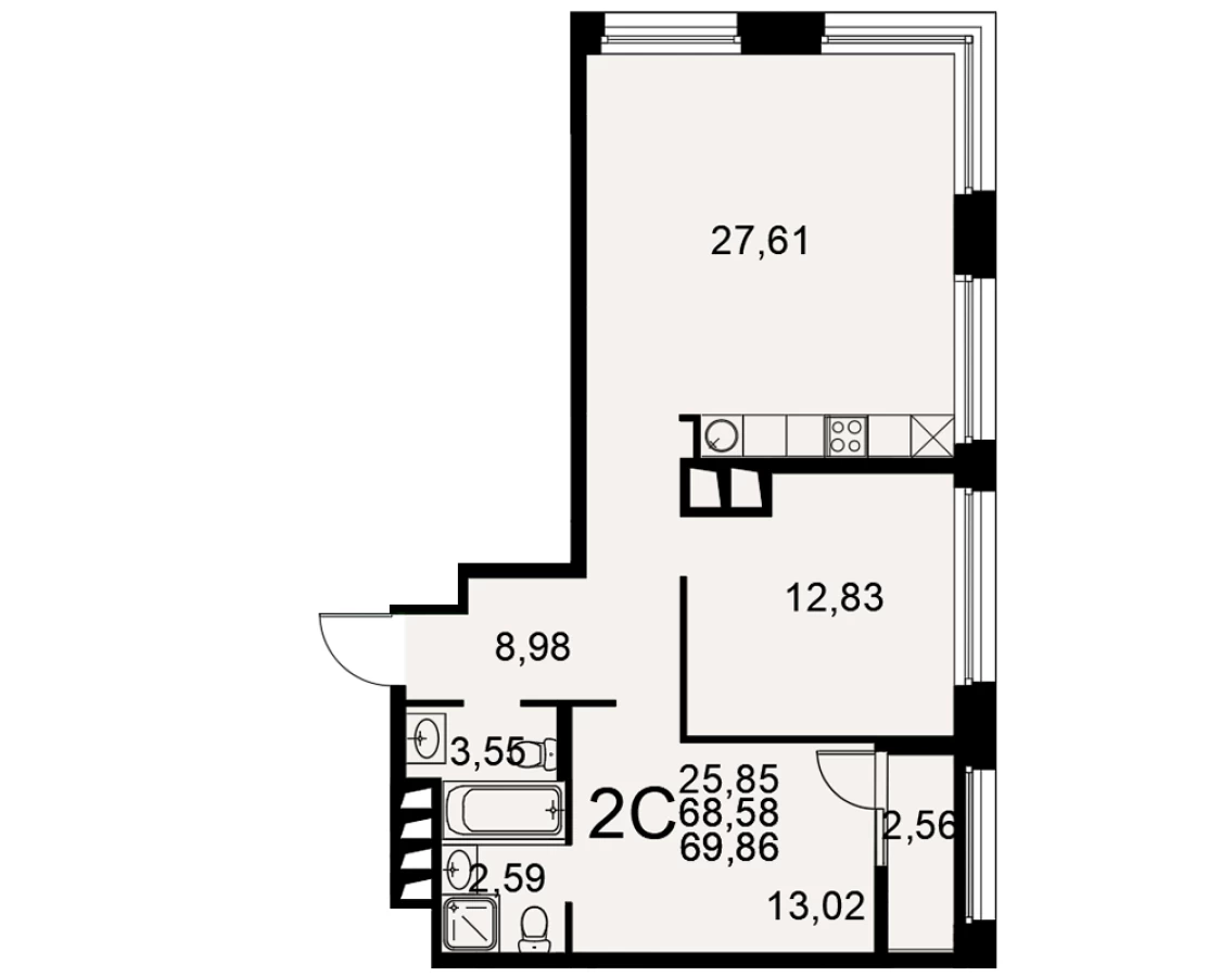 2-х комнатная квартира площадью 69.86м2