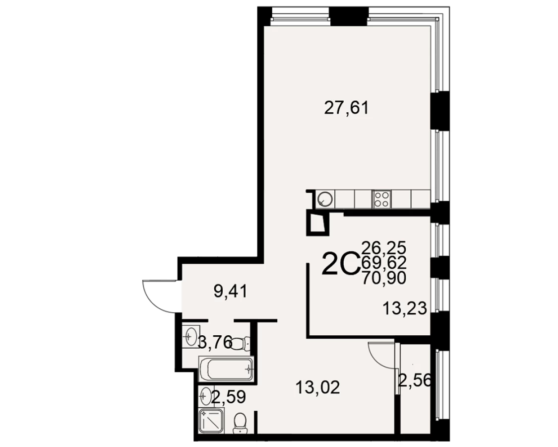 2-х комнатная квартира площадью 70.10м2