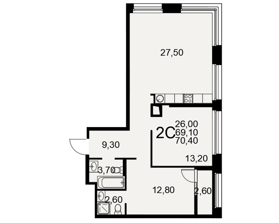 2-х комнатная квартира в Рязани с балконом площадью 70.40м2