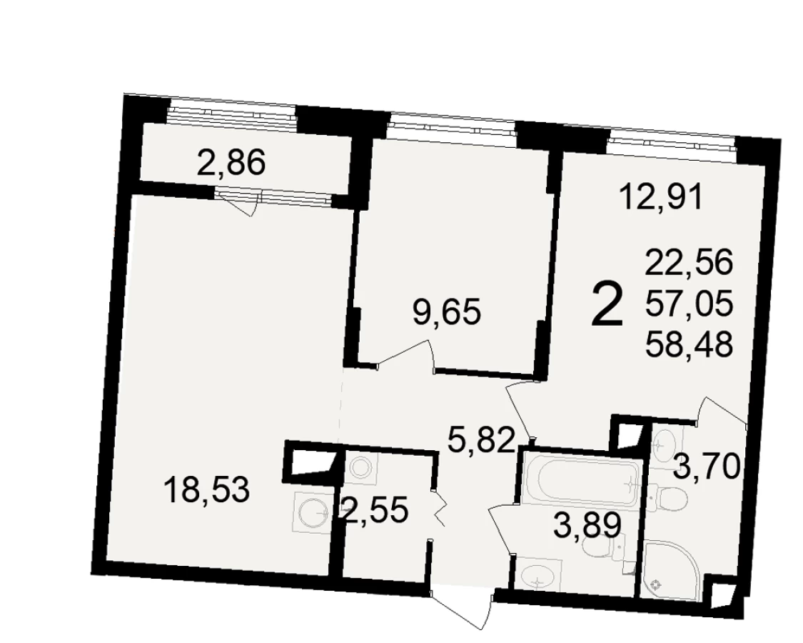 2-х комнатная квартира площадью 58.48м2