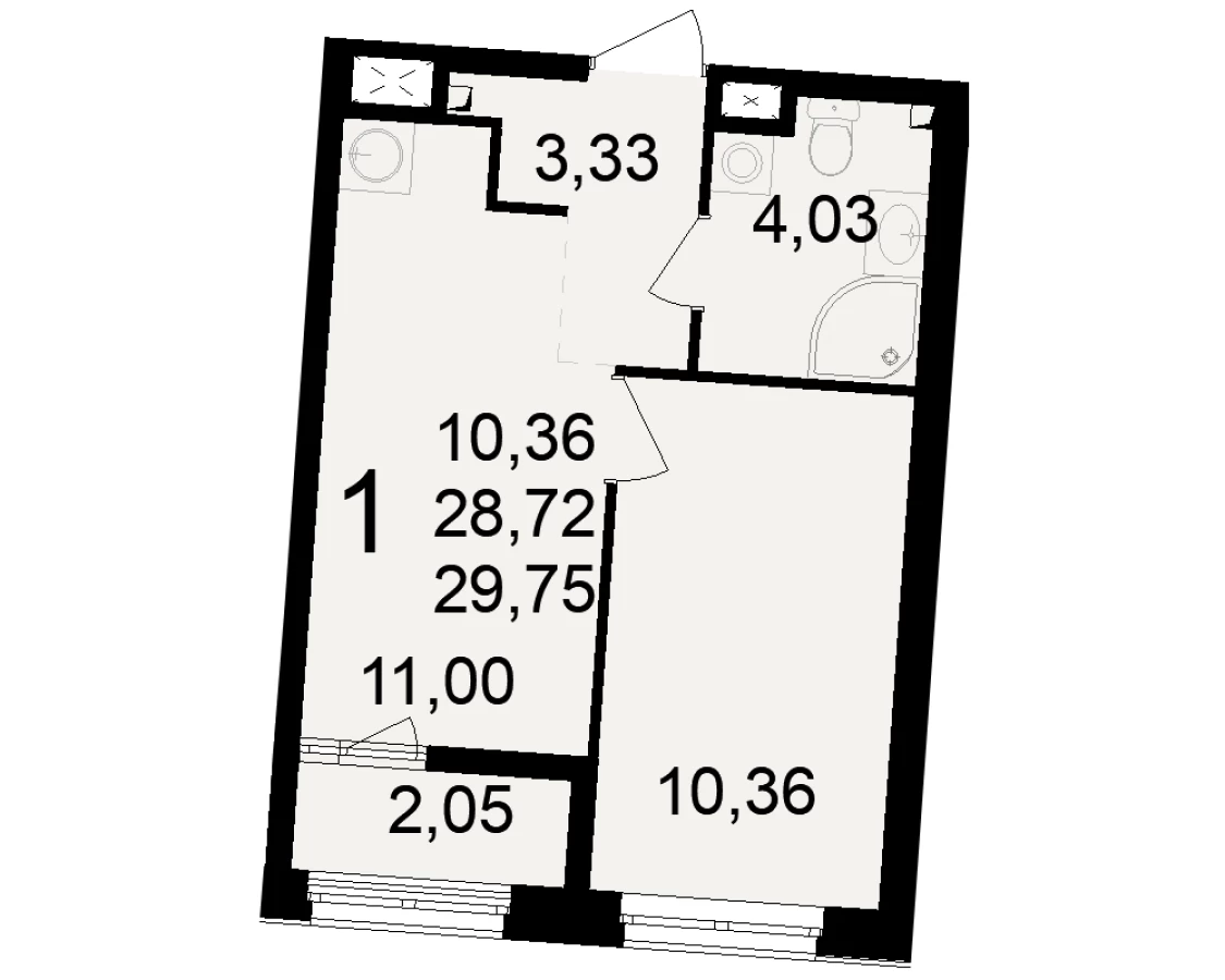 Однокомнатная квартира площадью 29.75м2