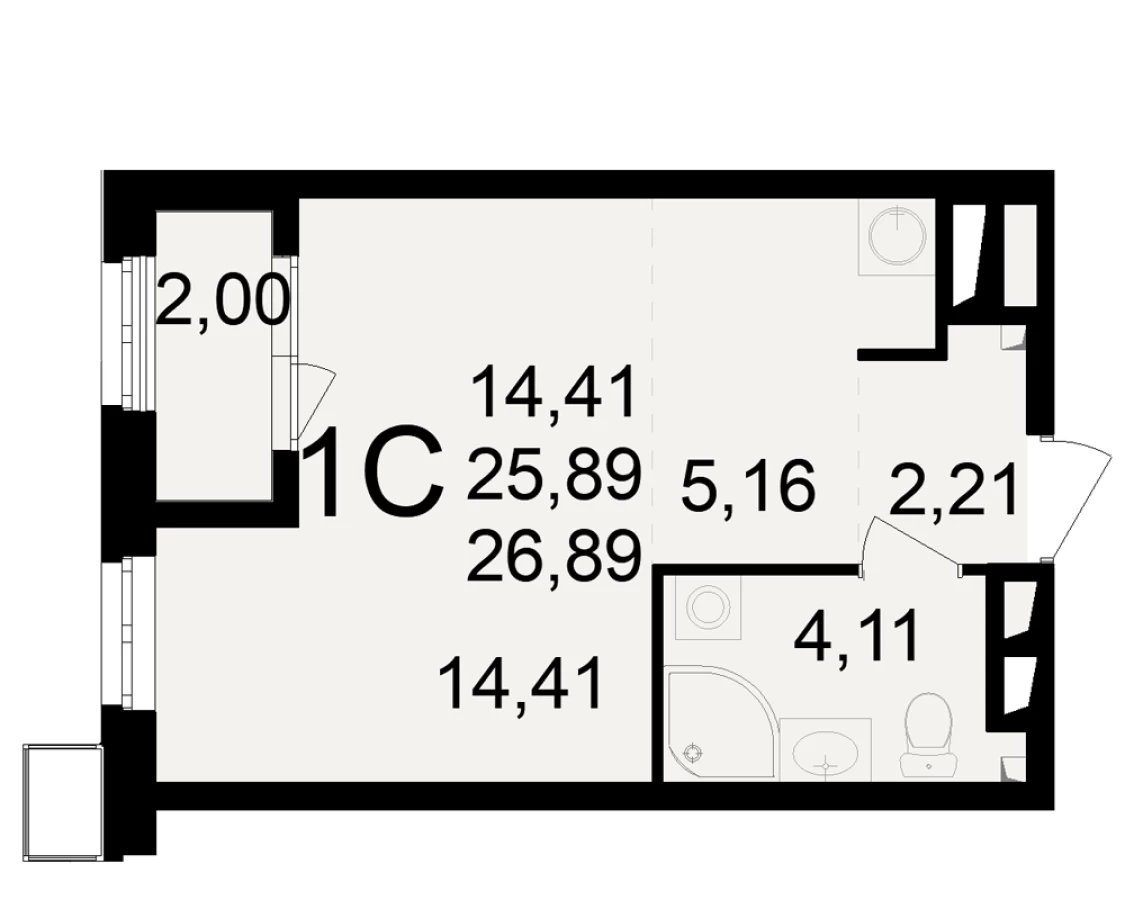 Однокомнатная квартира площадью 26.89м2