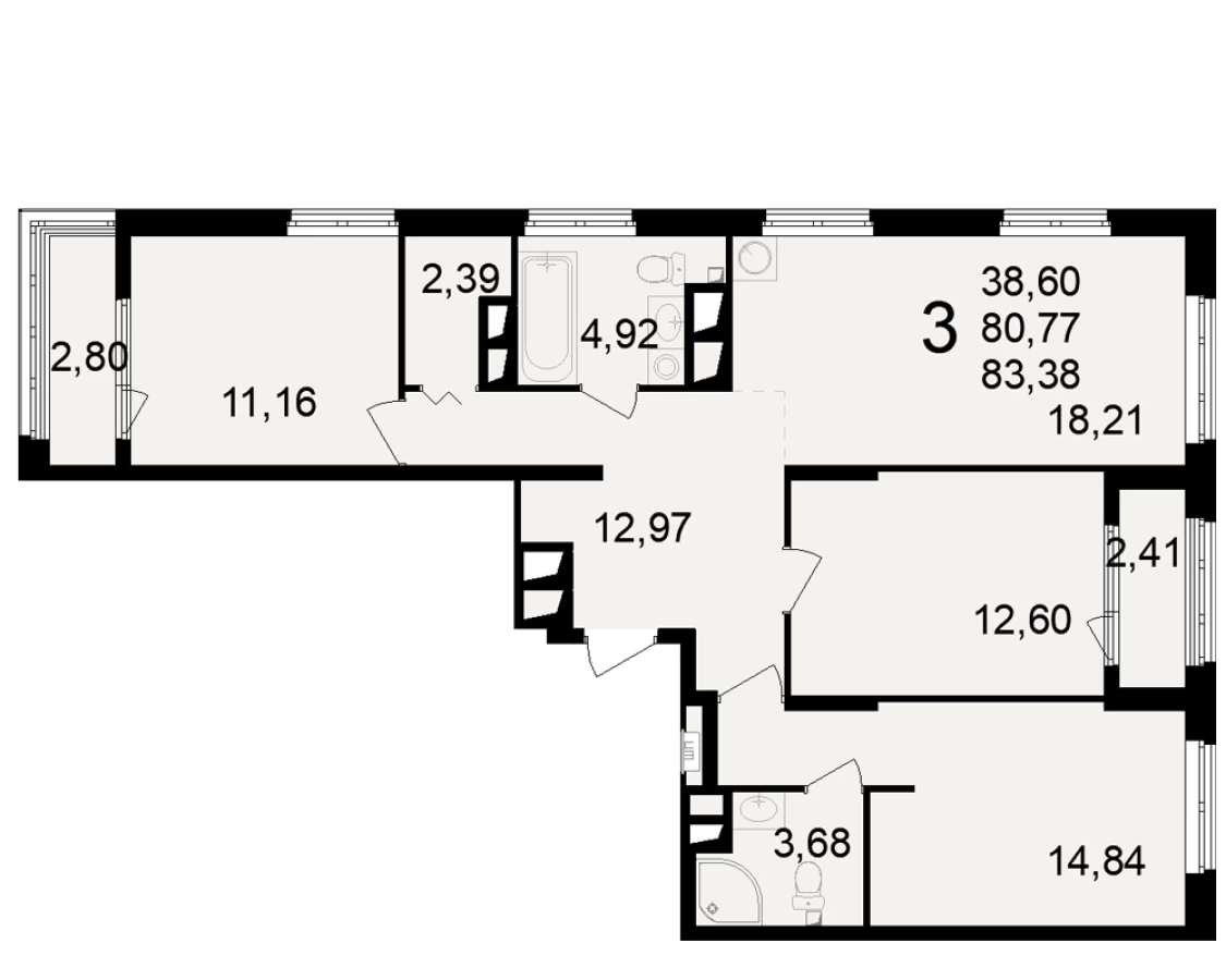 3-х комнатная квартира в Рязани площадью 83.38м2