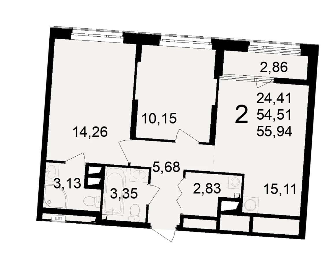 Двухкомнатная квартира в Рязани площадью 55.94м2