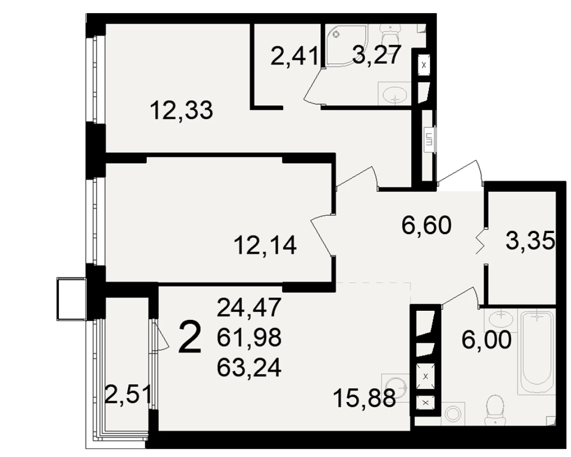2-х комнатная квартира площадью 63.24м2