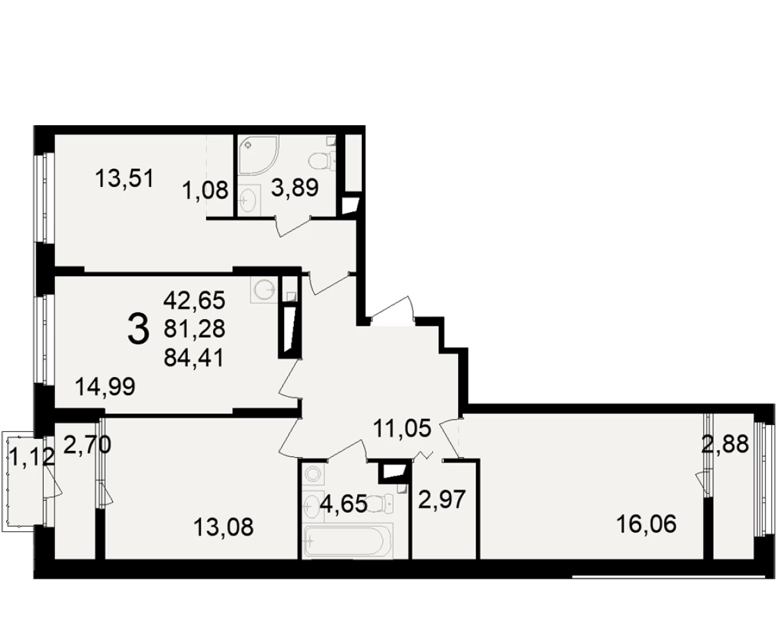 3-х комнатная квартира площадью 84.41м2