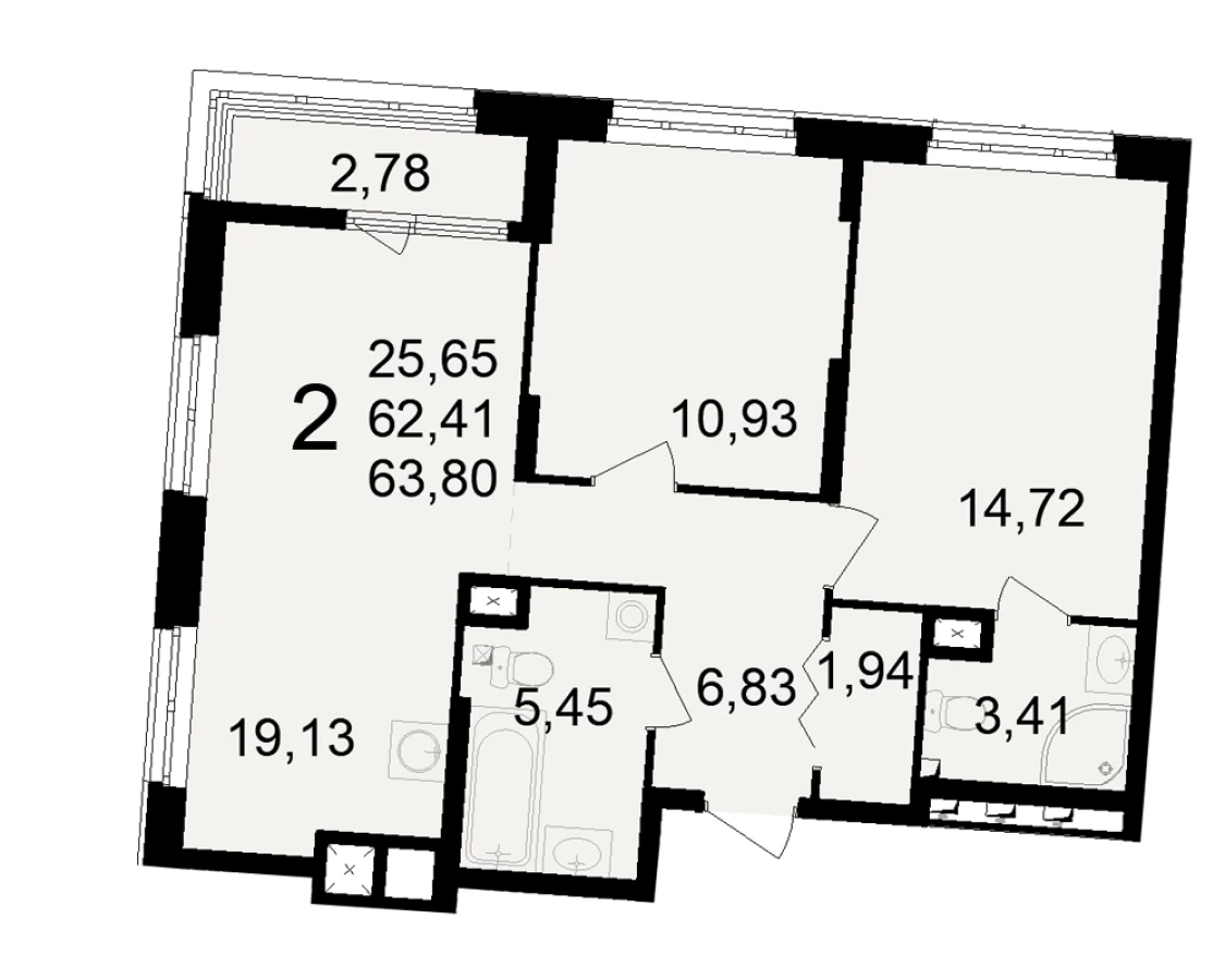 Двухкомнатная квартира площадью 63.8м2