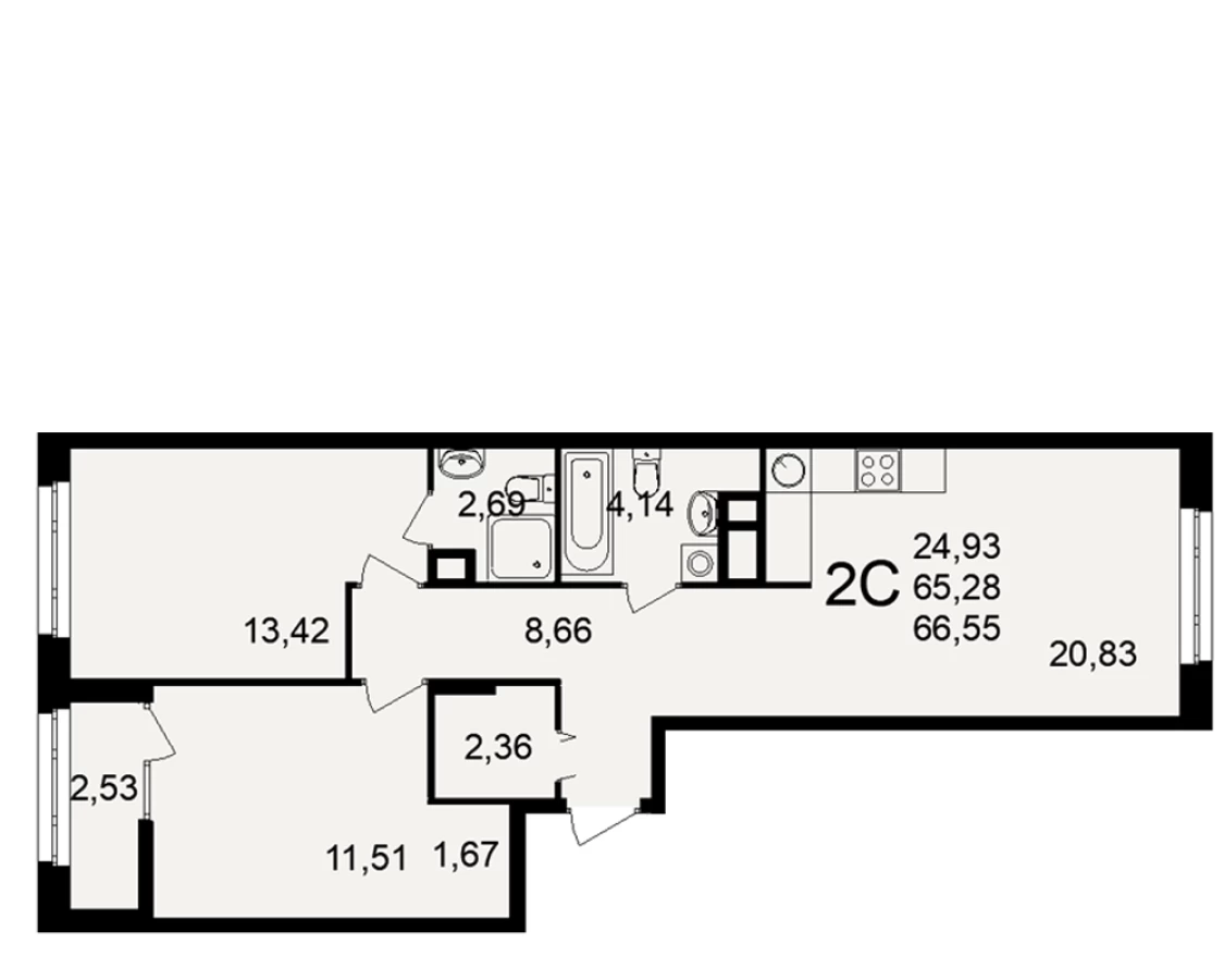 Двухкомнатная квартира площадью 66.55м2