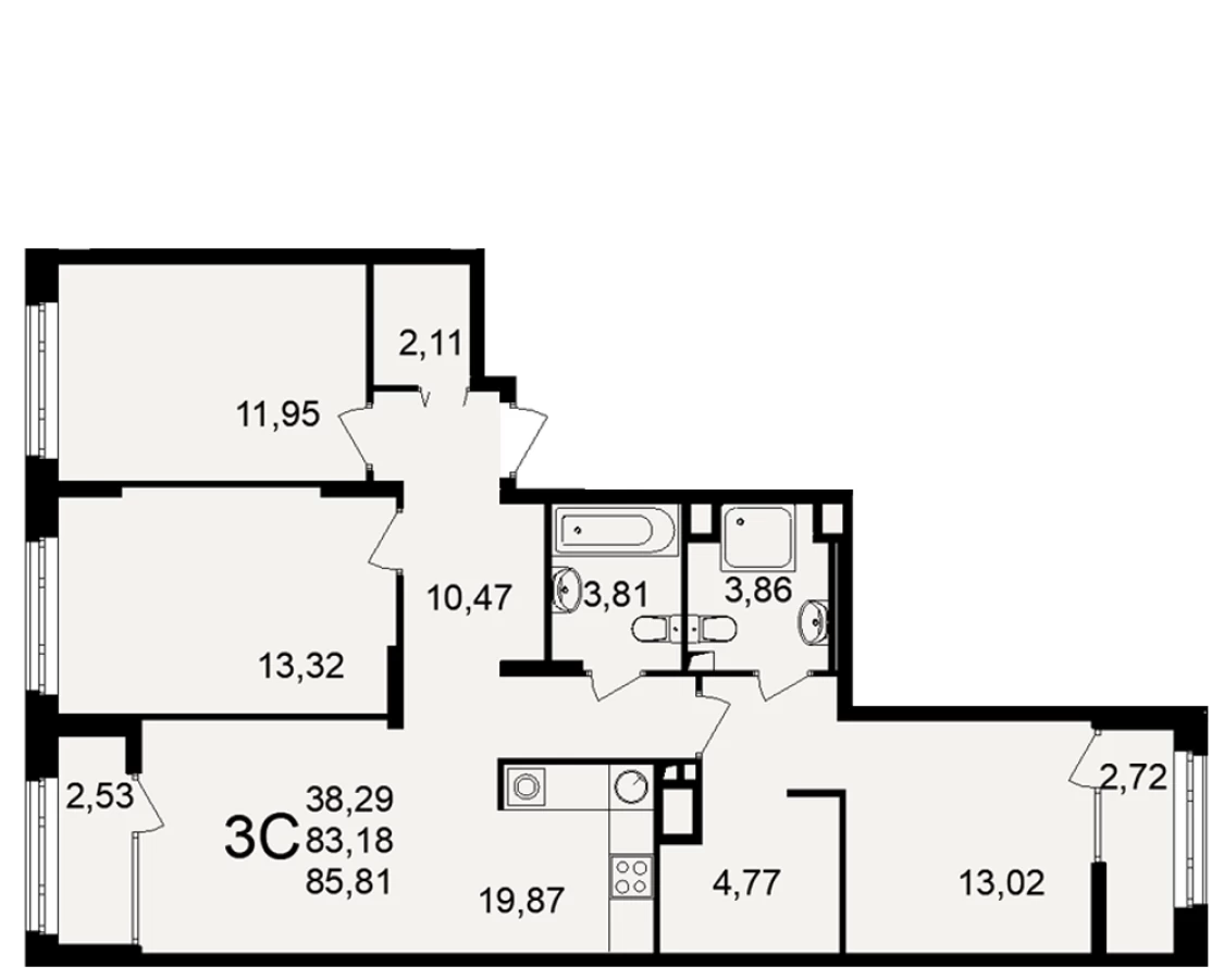 3-х комнатная квартира площадью 85.81м2
