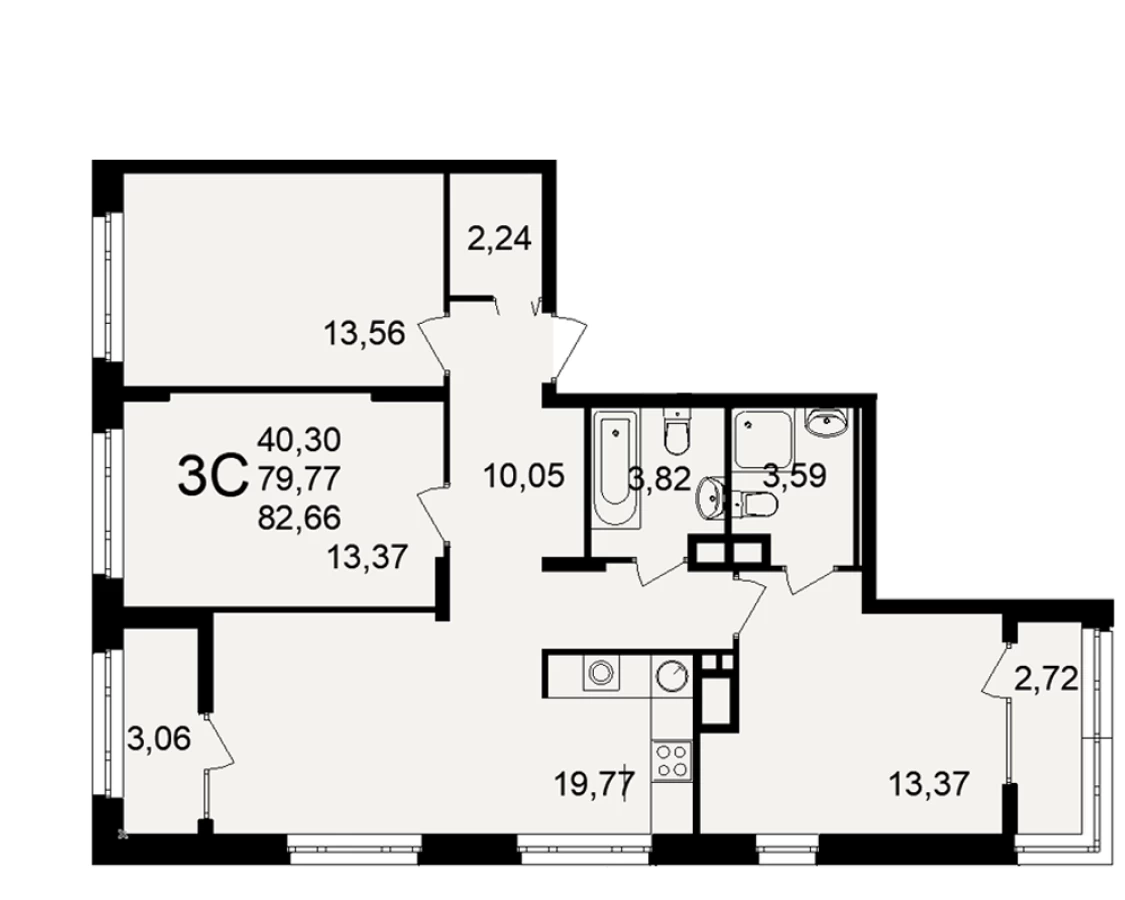 Трехкомнатная квартира площадью 82.66м2