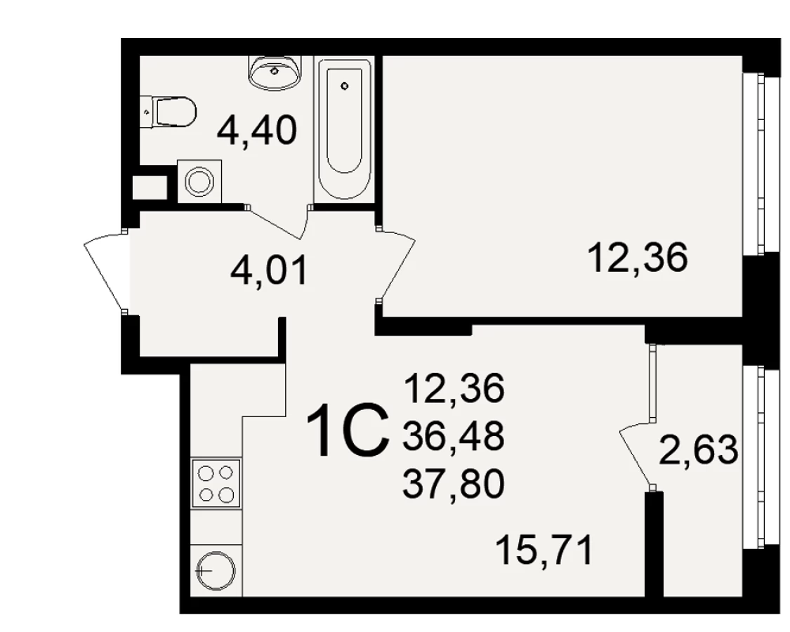 Однокомнатная квартира площадью 37.8м2