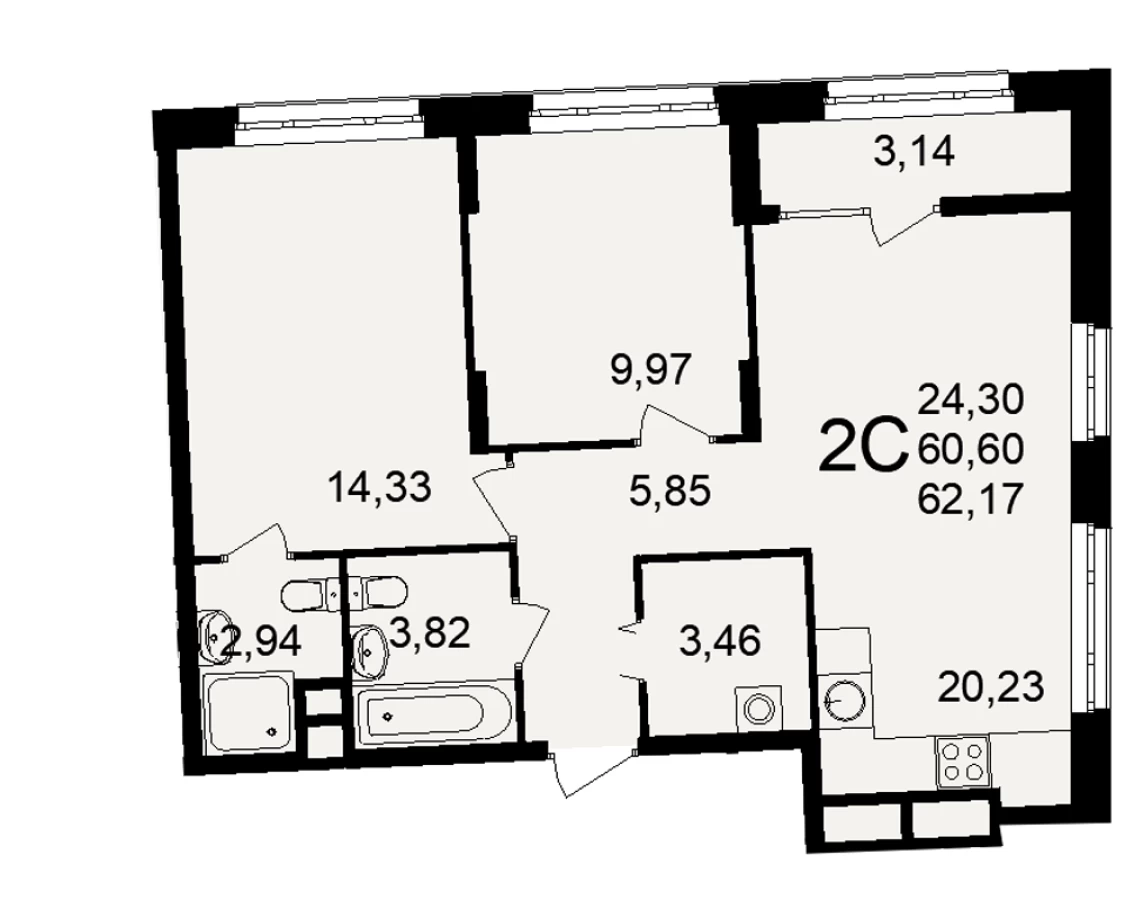 Двухкомнатная квартира в Рязани площадью 62.17м2
