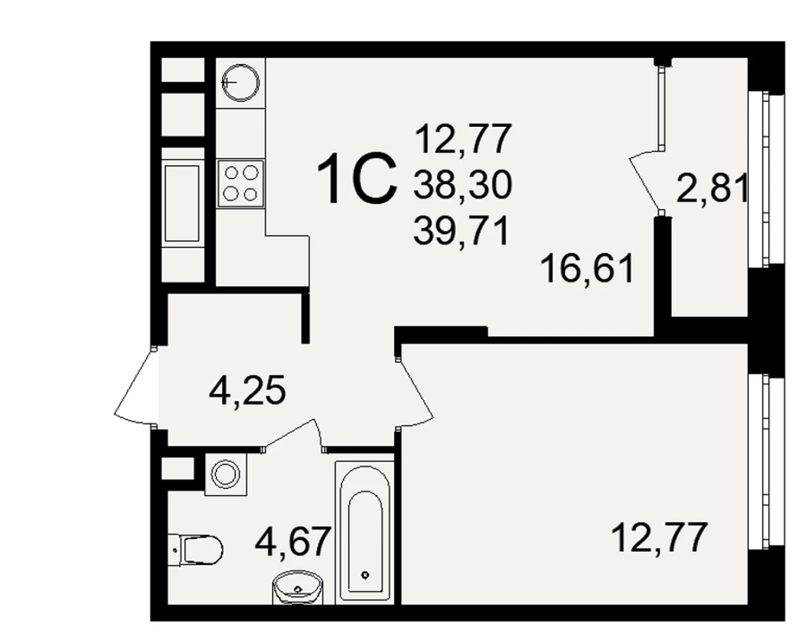 Однокомнатная квартира в Рязани площадью 39.71м2