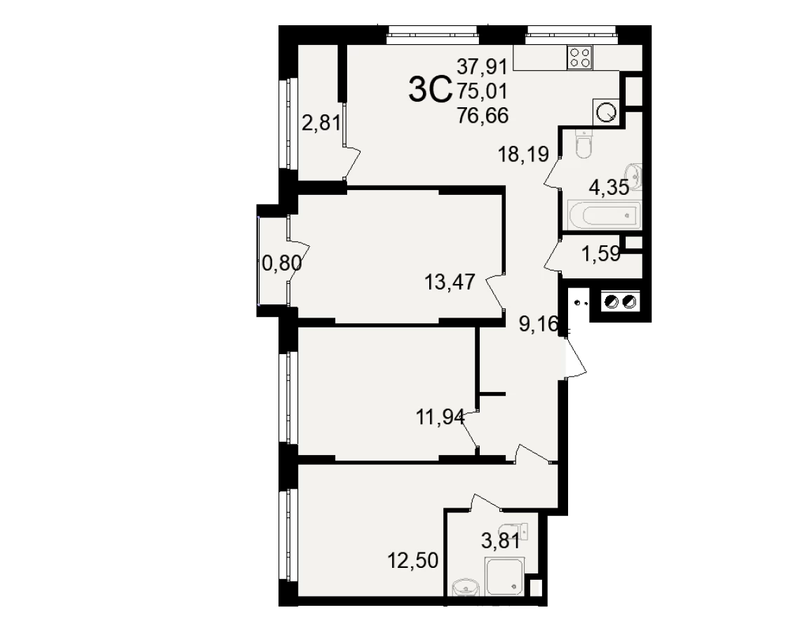 3-х комнатная квартира площадью 76.66м2