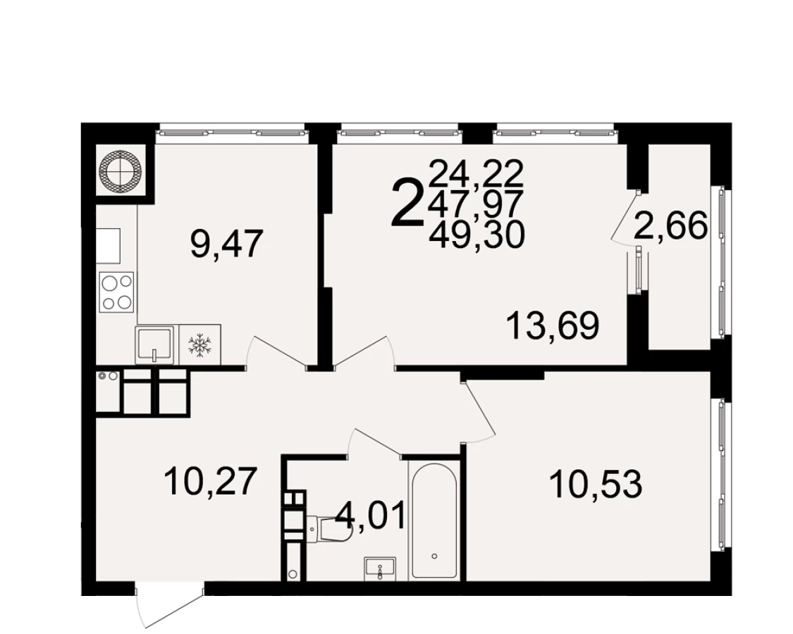 2-х комнатная квартира площадью 49.3м2