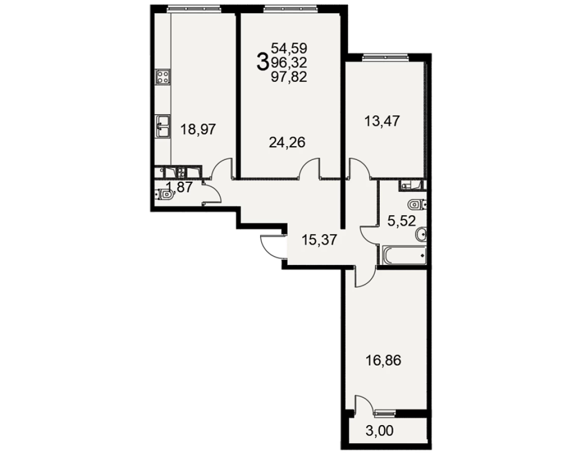 Трехкомнатная квартира в Рязани площадью 97.82м2
