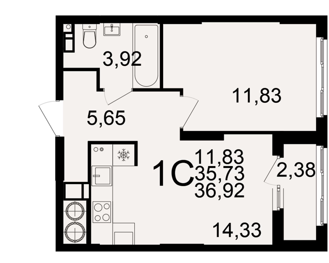 Однокомнатная квартира площадью 36.92м2