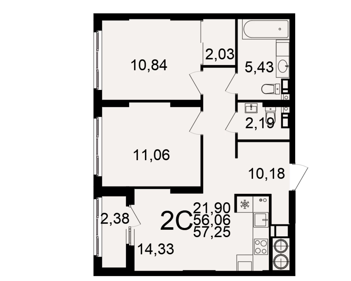 Двухкомнатная квартира площадью 57.25м2