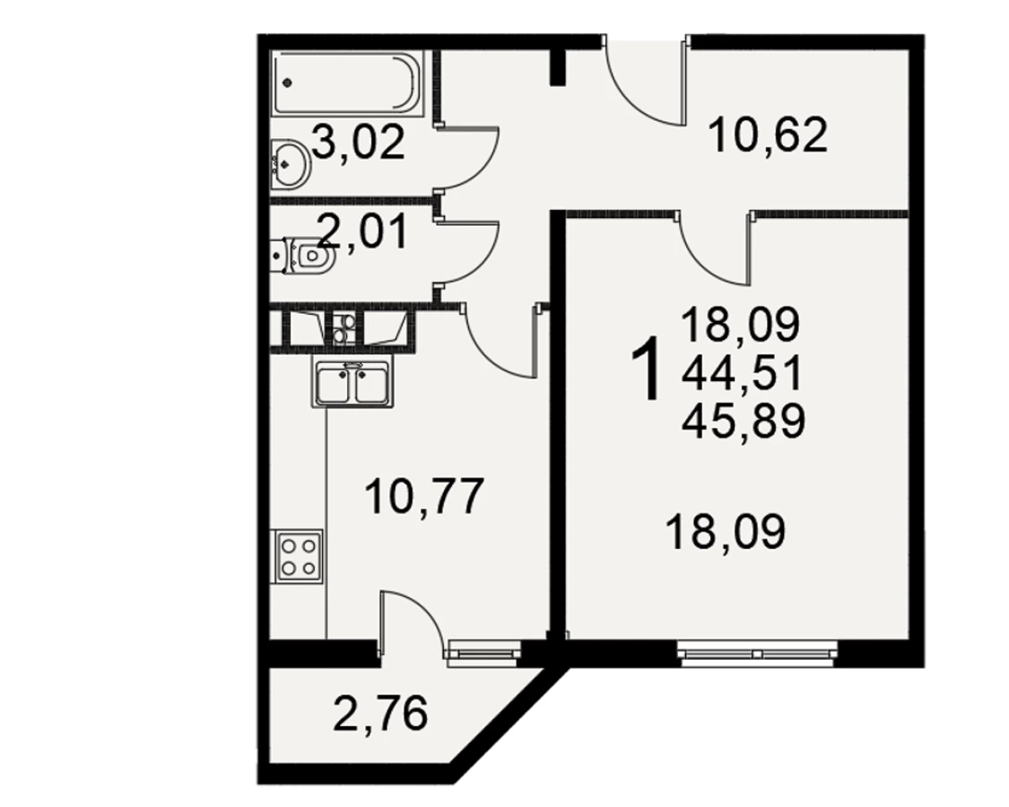 Однокомнатная квартира площадью 45.89м2
