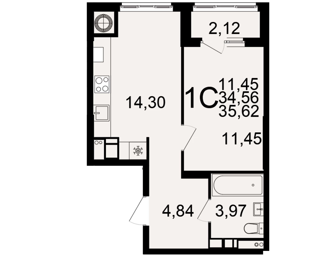 Однокомнатная квартира площадью 35.62м2