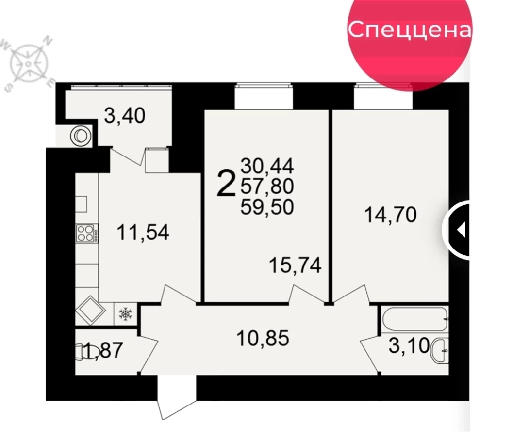 2-х комнатная квартира в Рязани площадью 59.5м2