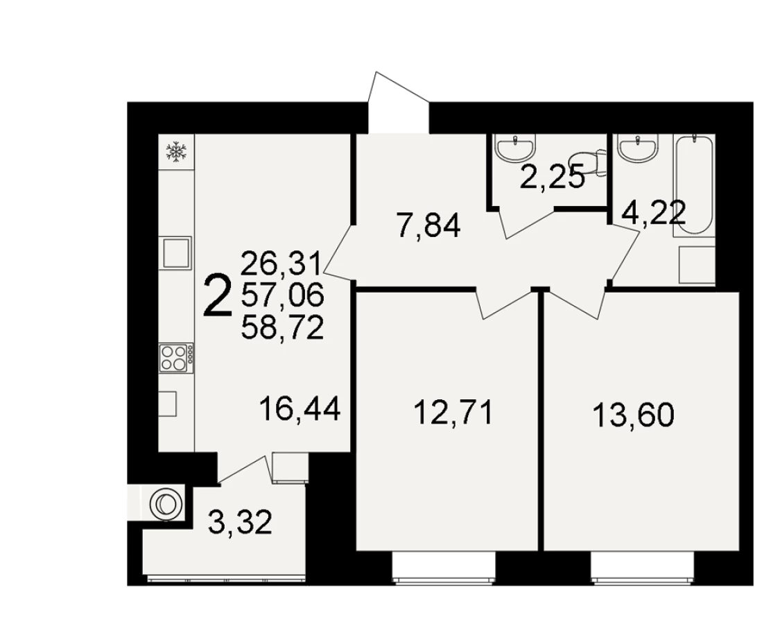 Двухкомнатная квартира площадью 58.72м2