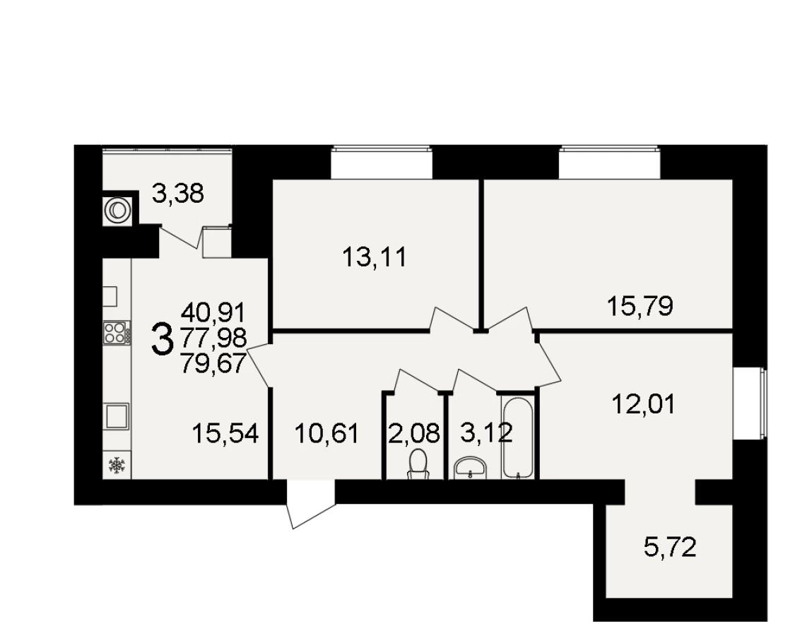 Трехкомнатная квартира площадью 76.97м2