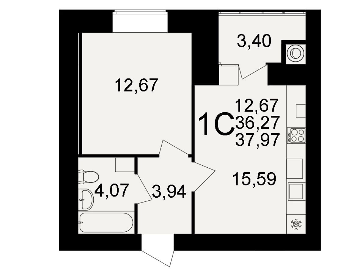 Однокомнатная квартира площадью 37.97м2