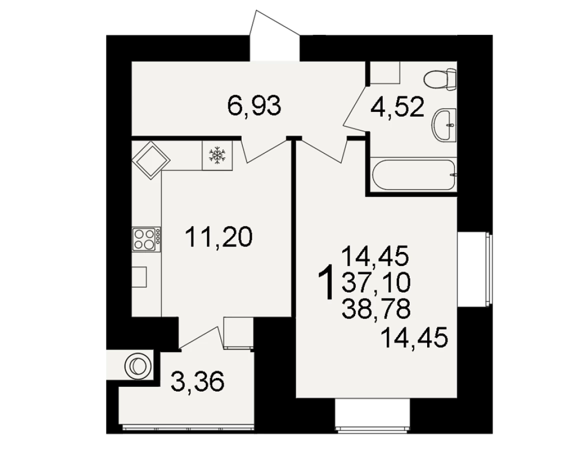 Однокомнатная квартира по акции площадью 38.78м2