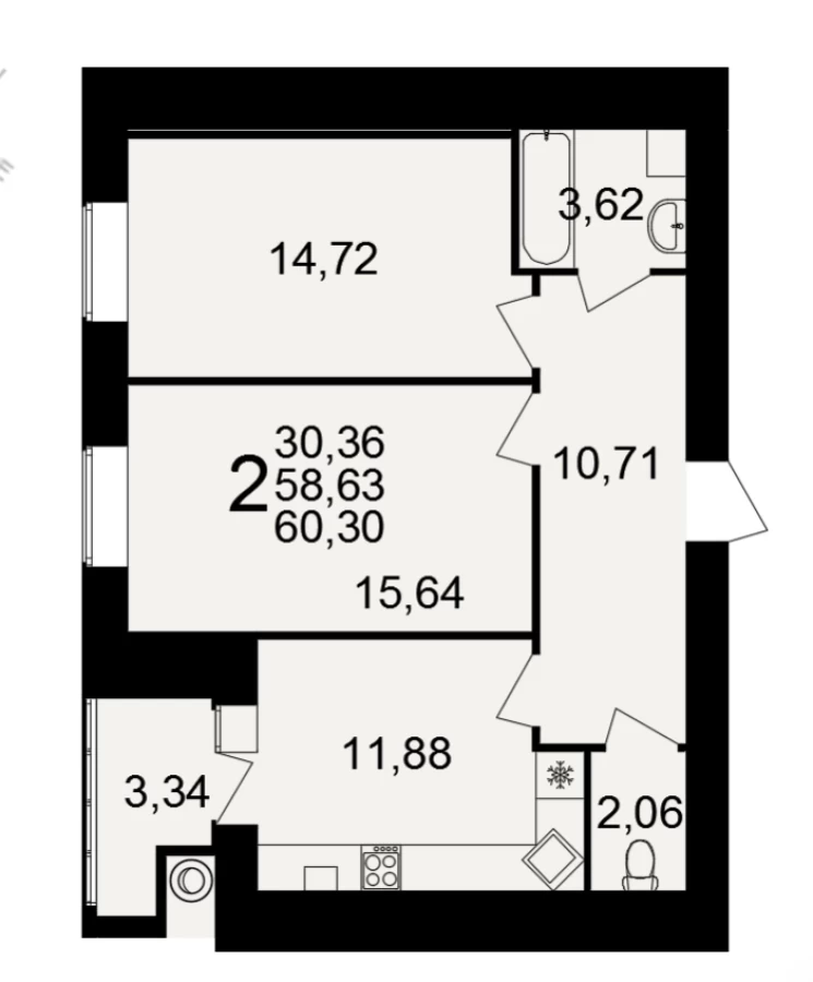 Двухкомнатная квартира площадью 60.3м2