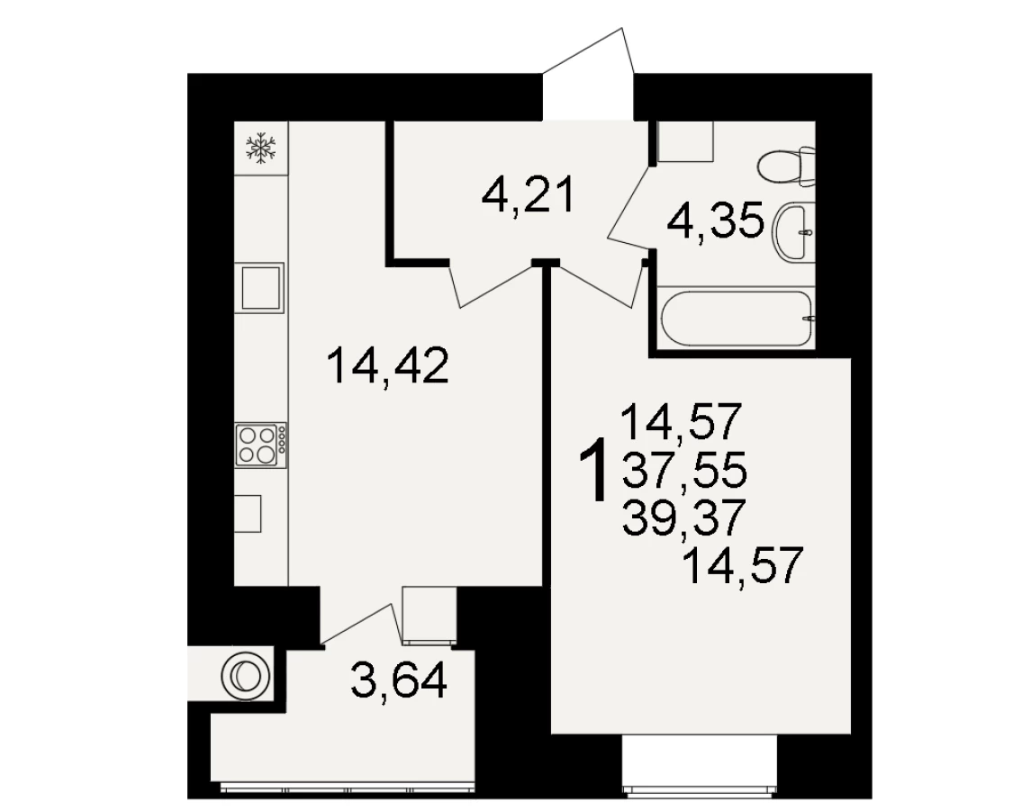 Однокомнатная квартира площадью 39.37м2