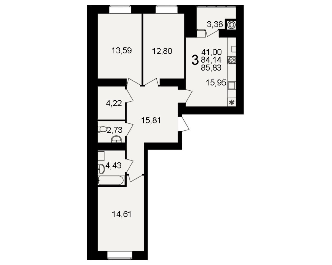 3-х комнатная квартира в Рязани площадью 85.83