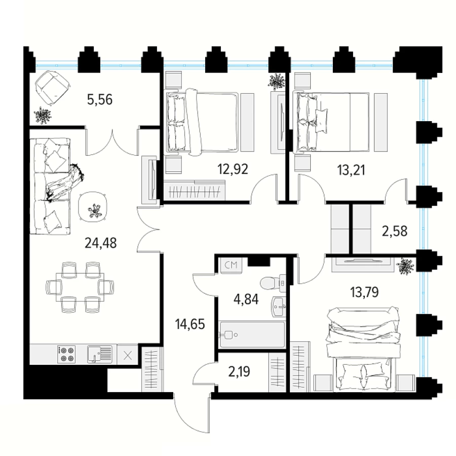 3-х комнатная квартира в Рязани площадью 91.44м2