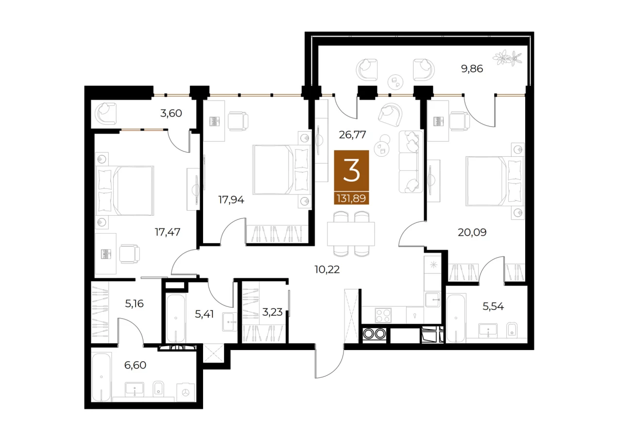 3-х комнатная квартира в Рязани площадью 131.89м2