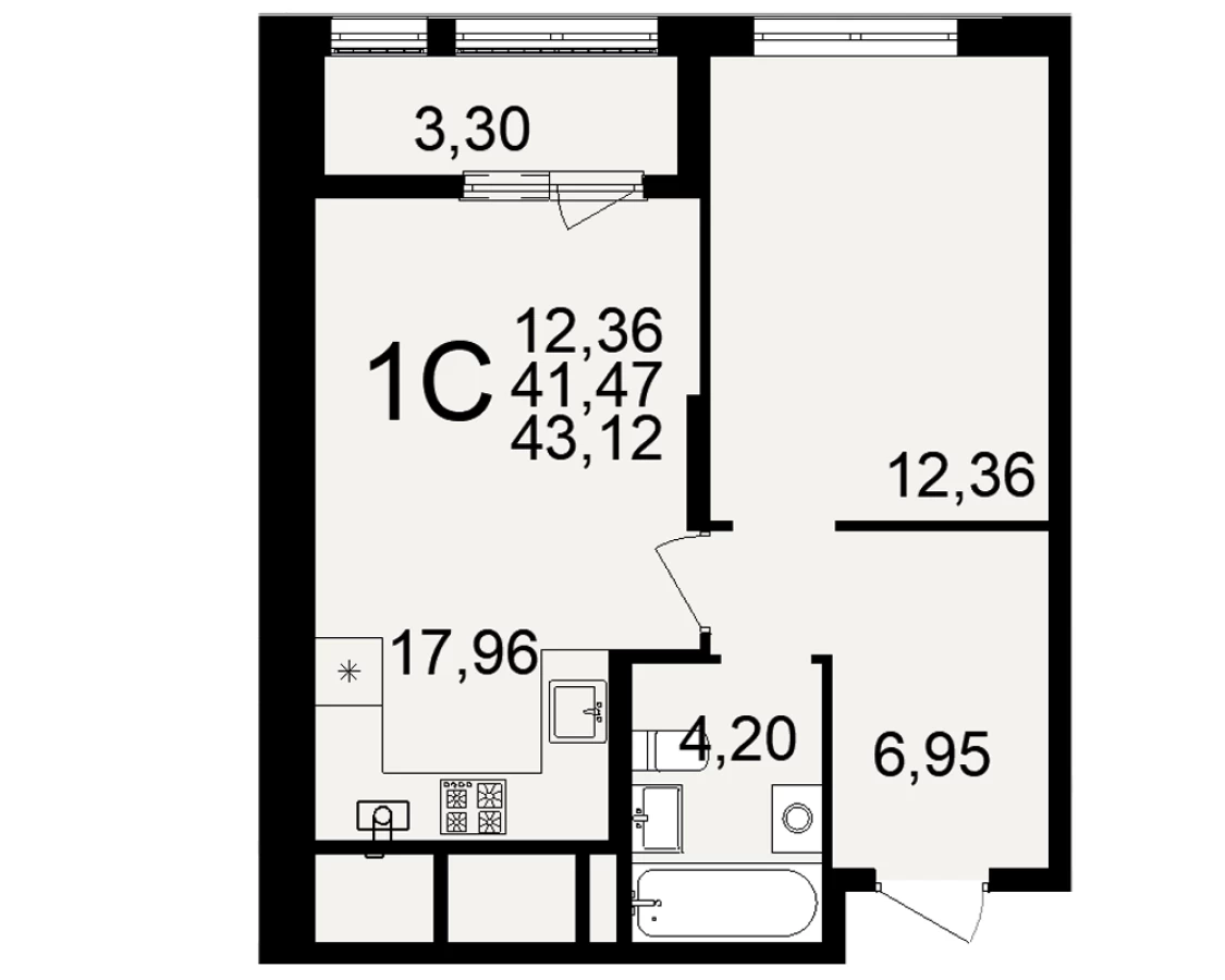 Однокомнатная квартира площадью 43.12м2