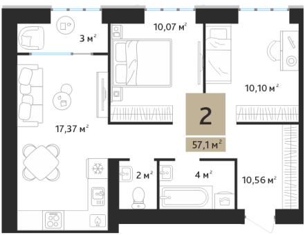 2 комнатная квартира общей площадью 57.10 м²