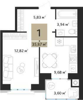 1 комнатная квартира общей площадью 35.87 м²