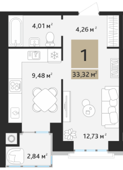 1 комнатная квартира общей площадью 33.32 м²