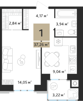 1 комнатная квартира общей площадью 37.26 м²