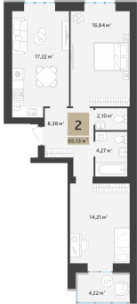 2 комнатная квартира общей площадью 67.24 м²