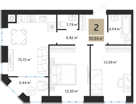 2 комнатная квартира общей площадью 55.94 м²