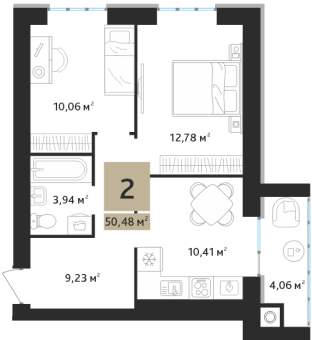 2 комнатная квартира общей площадью 50,48 м²