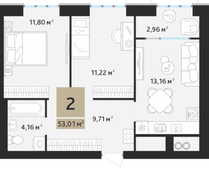 2 комнатная квартира общей площадью 53.01 м²